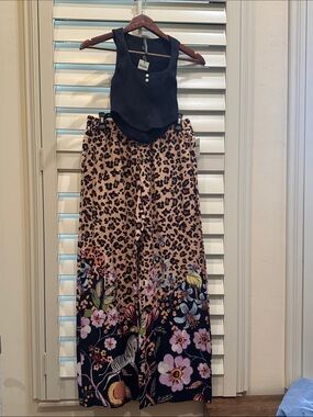 Anthropologie Black Ribbed Tank with Leopard & Floral Wide-Leg Pajama Pants
